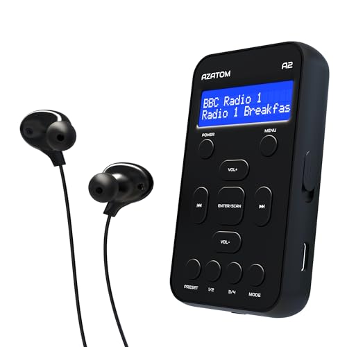 AZATOM A2 DAB/DAB+ Portable Digital Radio, Sports model, Pocket size, Rechargeable battery with 24hr playtime, Earphone, 40 Station Presets, Clock (Black)