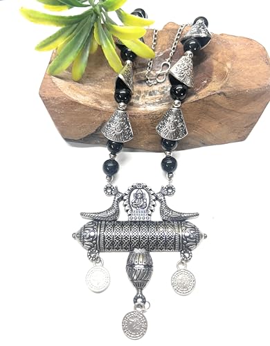 Image of Antique Silver Tribal Necklace with Black Beads, Buddha Design, Peacock Motif and Coin Charms