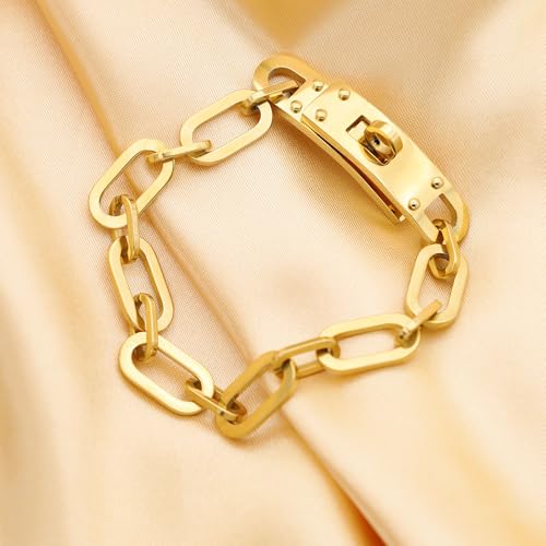 18K Gold Plated Turn Lock Bracelet,Classical Fashion Stainless Steel Chain Bracelet for Men and Womens2