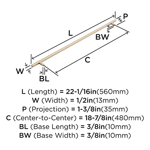 Image of Amerock | Cabinet Pull | Champagne Bronze | 18-7 /8 inch (480 mm) Center to Center | Bar Pulls | 1 Pack | Drawer Pull | Drawer Handle | Cabinet Hardware | 18-7 /8 inch (480mm) Center-to-Center Mounting Distance and 22-1 /16 inch Overall Length, Durable Carbon Steel Cabinet Hardware