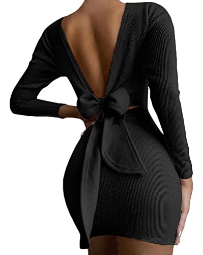 Tomwell Damen Kleid Langarm Sexy Rückenfrei Minikleid Stretch Bodycon Wickelkleid Einfarbiges Elegant Kleid mit Schleife Mode Frauen Tunika...