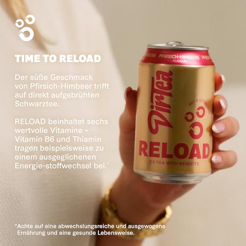DirTea RELOAD im Vorratspack (12 x 0,33 l) – Funktionaler Eistee mit Pfirsich-Himbeer-Geschmack, direkt aufgebrüht, mit 6 Vitaminen für den perfekten Reset – Fresh, fruity & powerful