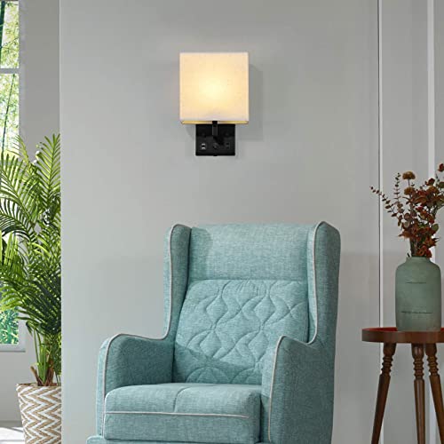 Image of BTY Modern Wall Sconces Set of 2, Wall Lamps Bedroom Plug in with USB Charging Ports AC Socket Sconces Wall Lighting for Living Room Hallway, Black(2 Bulbs Included)