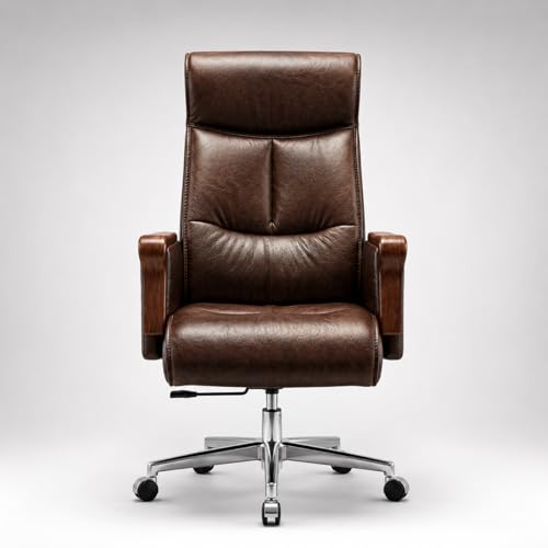 Image of LAKDI Furniture Luxury Executive Office Chair, Premium Brown Leather Ergonomic High Back Recliner Swivel Chair for Office /Home Cabin with Chrome Base | 5 Year Warranty | Free Assembly