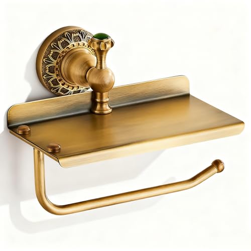 Toilet Paper Holder NEWRAIN Vintage Bathroom Toilet Paper Roll Holder with Shelf Solid Brass RV Tissue Roll Holder Wall Mounted Antique Commercial Farmhouse Toilet Paper Dispenser