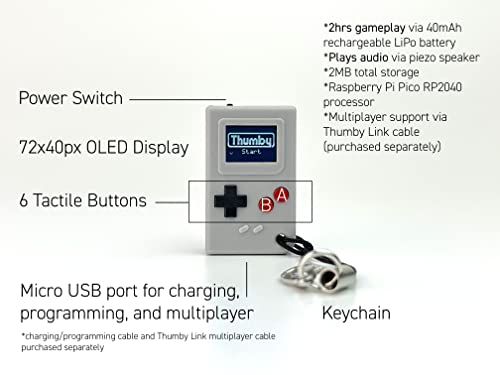 Image of TinyCircuits Thumby Programmable Game Console Keychain - Retro Gaming Fun Mini-Console, STEM Learning, USB Rechargeable, 5 Preloaded Games (Gray)