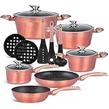 SET: Topf mit Deckel ø 28 x 12,5 cm - 6,6 l, Topf mit Deckel ø 24 x 12 cm - 4,6 l, Topf mit Deckel ø 20 x 10,5 cm - 2,7 l , Topf mit Deckel ø 16 x 8,5 cm - 1,5 l, Pfanne ø 24 x 6,5 cm. - 2,3 l, Pfanne ø 28 x 5,5 cm - 2,7 l. (Die Deckel der Töpfe passen in die Pfanne) 3 Küchenutensilien, 2 Unterlegscheiben mit hoher Temperaturbeständigkeit