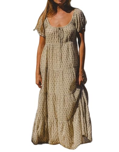 Woman Floral Puff Sleeve Maxi Dress Square Neck Ruffle Flowy Long Dresses Bohemian Tiered Summer Sundress