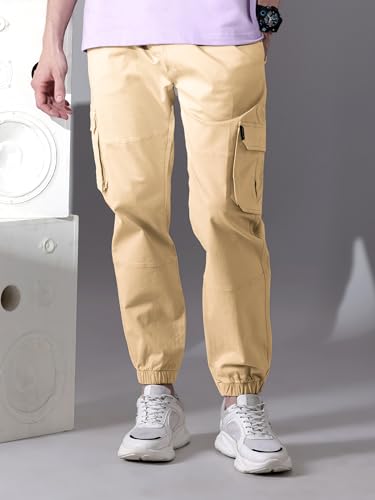 Image of Beyoung Cotton Regular Fit Heavy Gauge Cargo Joggers for Men | Ribbed Hem | Spacious Pockets | Track Pants | Elastic Waistband | Cargo for Men