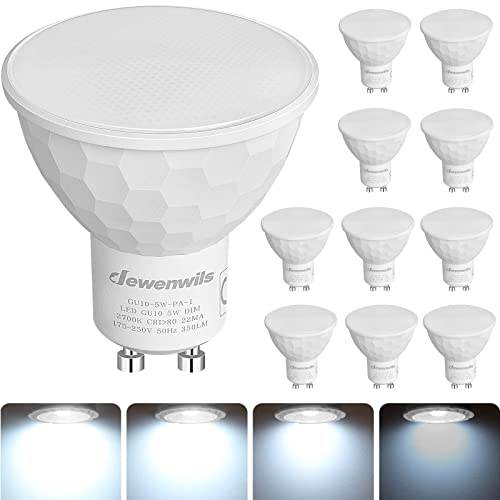 DEWENWILS 10 Pack GU10 LED Bulb Dimmable, Cool White 6000K, 5W(50W Halogen Replacement), 120° Wide Beam Kitchen LED Spot Light Ceiling, 350LM Energy Saving Bulb for Lamp, Recessed Lighting Bathroom