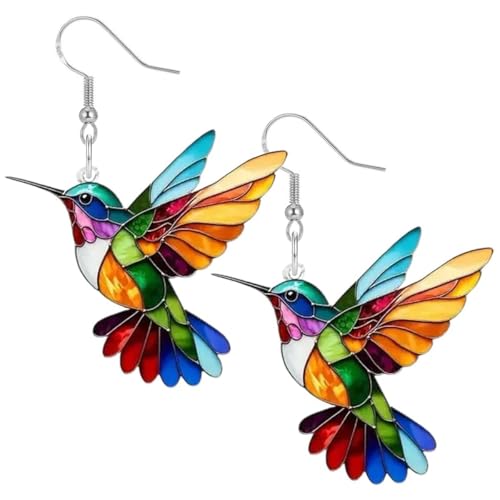 Hummingbird Earrings for Women, 925 Sterling Silver Hypoallergenic Dangle Colorful Cute Bird 2D Novelty Drop, Acrylic Gold Plated Animal Dangling Lightweight Valentines Trendy Jewelry