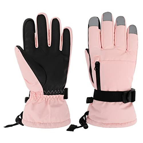 QKURT Guantes de Esquí para Niñas, Guantes de Nieve Impermeables de Invierno para Niños, Guantes de Patinaje para Snowboard, Manoplas de esquí con Bolsillo para Niñas y Niños de 6 a 8 Años