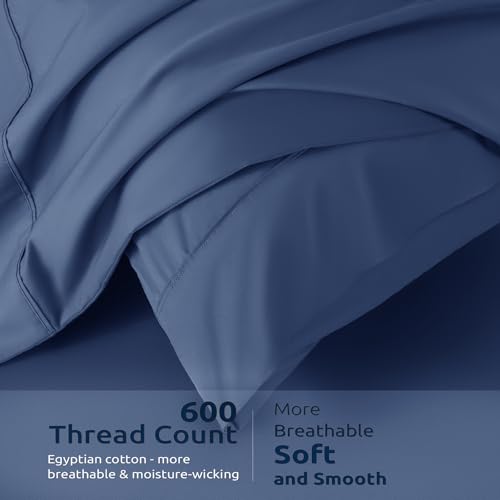 Shilucheng 100% Cotton Queen Size Duvet Covers - 600 Thread Count, Luxury Sateen Weave Egyptian Cotton Comforter Cover with Zipper Closure & Corner Ties,Hotel Bedding Duvet Covers 3 Piece (Navy Blue)