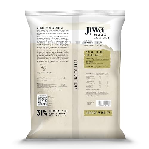Image of Jiwa 30 Degree Bajri Flour /Atta | Patented Cold Pressed Flour | Slow Ground | Puffed Soft Rotis | Pearl Millet Flour | Gluten Free | 100% Bajra | 1 Kg (Pack of 2)
