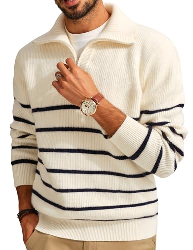 PJ PAUL JONES Mens Quarter Zip Sweater Striped Mock Neck Pullover Sweater Regular Fit Sweater