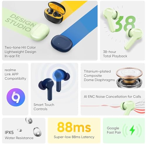 Image of Original T110 Buds for Realme Wireless Bluetooth with Quick Pairing, Powerful Stereo Audio, ENC Mic & Smart Touch Control (Green)