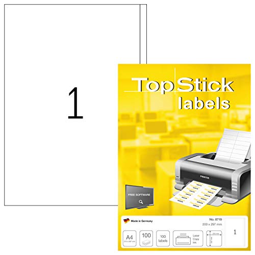 TopStick 8719 - Etiquetas autoadhesivas universales A4 grandes (200 x 297 mm, papel) 100 hojas, 1 etiquetas por hoja, 100 etiquetas, para impresoras inkjet y láser