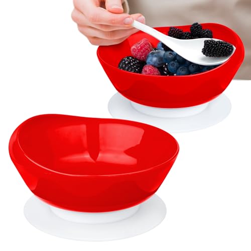 2Pack Spill Proof Scoop Bowl with Non-Skid Suction Base, Adaptive Self-Feeding Dinnerware for Elderly and Disabled(Red)