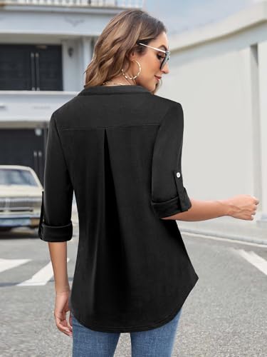 Image of Bulotus 3 /4 Length Sleeve Womens Striped Tops Zipper V Neck Collared Blouses Business Casual Tunics 2026 Spring Trendy
