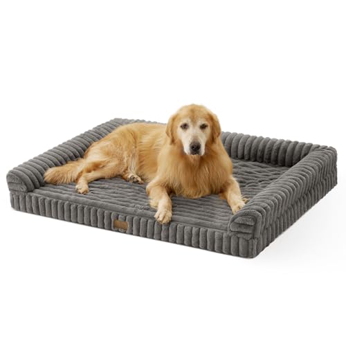 COZY KISS Orthopädisches Hundebett für Extra Große Hunde 120x88x17cm – Hundesofa mit Weichem Kunstfell & Cordbezug, Eierförmiger Kistenschaum, Ergonomischer Hundekorb, Abnehmbar & Waschbar, Grau, XXL