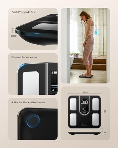 Báscula de Baño Inteligente con Gran Pantalla VA, Báscula Grasa Corporal y Muscular con 22 Métricas (Frecuencia Cardíaca, IMC), Balanza Peso Corporal Digital, Compatible iOS & Android, Máx. 180kg - imagen 9