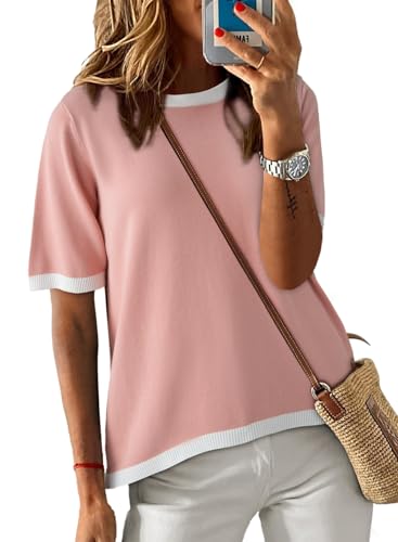 Image of Dokotoo Womens Tops 2026 Casual Summer Crewneck Short Sleeve Striped Color Block Knit High Low Trendy Pullover Sweaters