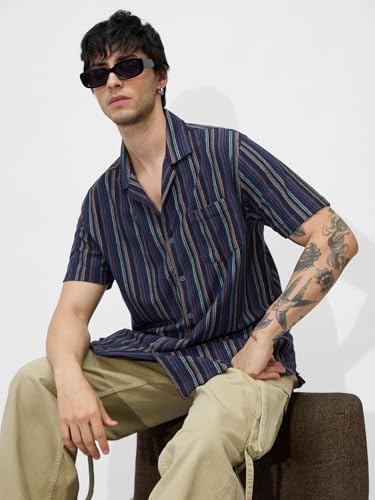 Image of The Souled Store Stripes: Men and Boys Long Sleeve Collared Neck Button Down Cotton Textured Shirts for Men