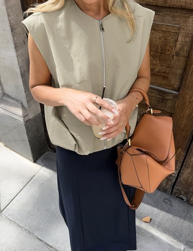 Yimoon Damen-Cargo-Weste mit Reißverschluss, lässig, gerüschter Saum, ärmellos, Blazer, Weste, Top mit Taschen, Khaki, L