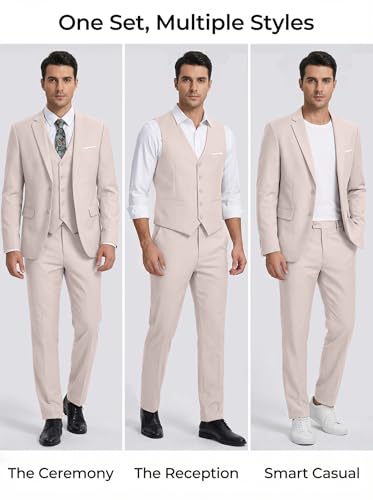 Image of Men's 3 Piece Slim Fit Suit Set, Two Button Blazer Solid Jacket Vest Pants Wedding Business Suit