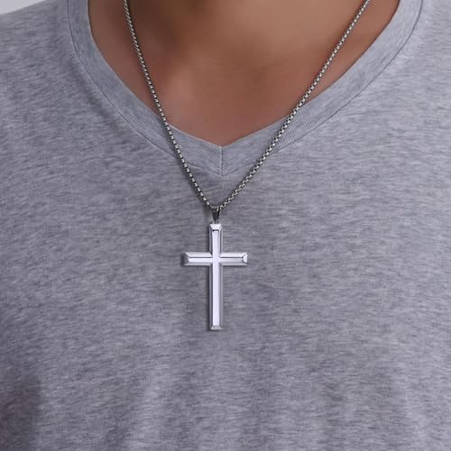 Stainless Steel Cross Necklace, 24 Inch Link Chain, Polished Beveled Edge Pendant3