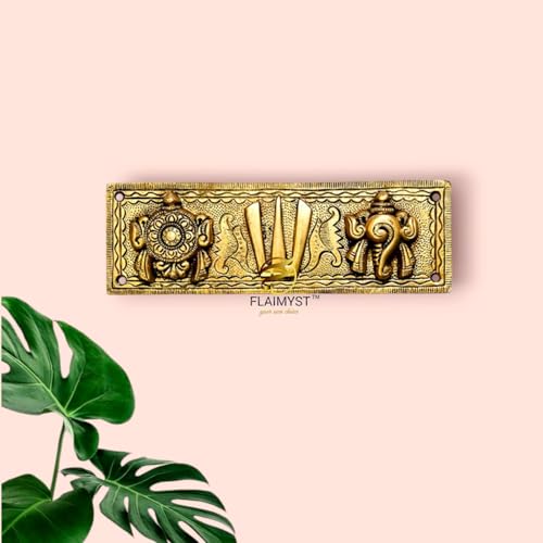 Image of FLAIMYST Shank Chakra Tilak for Door Entrance in Aluminium Metal, Tirupati Door Wall Hanging Shankh Chakra Namah Decorative for Home, Office, Room, Religious House Warming (Gold Plating Antique)