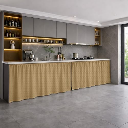 Image of LINENWALAS Under Sink Curtain for Kitchen - Pack of 2 | Herringbone Embossed Design Polyester Under-Sink Cover | Storage-Hiding Curtain with Rod Pocket | Kitchen & Bathroom (132x71 CM, Golden Beige)