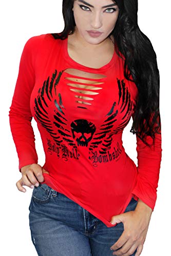 Demi Loon Sexy Slashed Biker Tee T-Shirt Graphic Country Motorcycle Wings Skull Gothic Long Sleeve (S, Red Holy Hell LS Slashed)