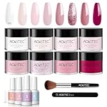 Aokitec 14PCS Dip Powder Nail Kit Starter Set, 8 Colours Pink Magenta Collection Nail Dipping Powder Kit with Base Top Activator Brush Saver for French Nails Art Manicure, Women Girls Gift