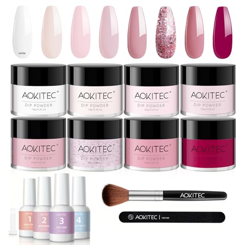 Aokitec 14PCS Dip Powder Nail Kit Starter Set, 8 Colours Pink Magenta Collection Nail Dipping Powder Kit with Base Top Activator Brush Saver for French Nails Art Manicure, Women Girls Gift