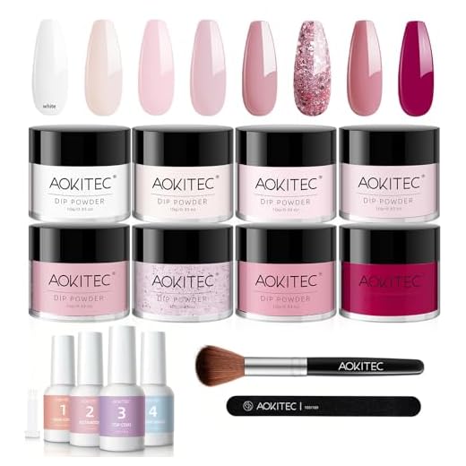 Aokitec 14 PCS Dipping Powder Nails Set, Rosa Magenta Dip Acrylpulver mit Dip Base Top Activator Brush Saver, Dipping Powder Starter Set für Nägel Selber Machen, Geschenk für Frauen Mädchen
