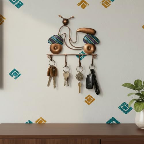 Image of Lamcy Plaza Wall Hanging Key Holder with Hooks | Durable & Lightweight Metal Key Chain Stand | Decorative Wall Mount Key Organizer for Office, Entrance & Home (Bike Design (Blue))
