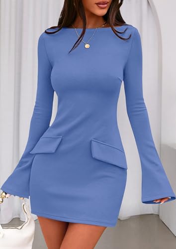 Image of PRETTYGARDEN Womens Fall Long Sleeve Mini Dress 2025 Trendy Boat Neck Bodycon Knit Elegant Short Party Formal Dresses