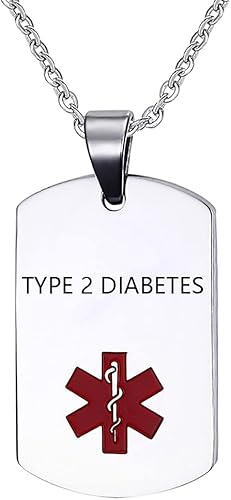 Collar con dije de identificación de alerta médica para hombres y mujeres, acero inoxidable grabado tipo 2 diabetes, etiqueta de identificación