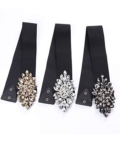 Women's Wide Elastic Crystal Belts Rhinestone Diamond Floral Stretch Cummerbunds for Dress3