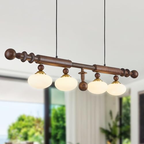 Image of Wood and Globe Linear Chandelier Wooden Farmhouse Dining Room Light Fixture Rustic 4-Light Linear Kitchen Island Lighting Mid Century Modern Globe Hanging Pendant Light with Milk Glass Lampshade