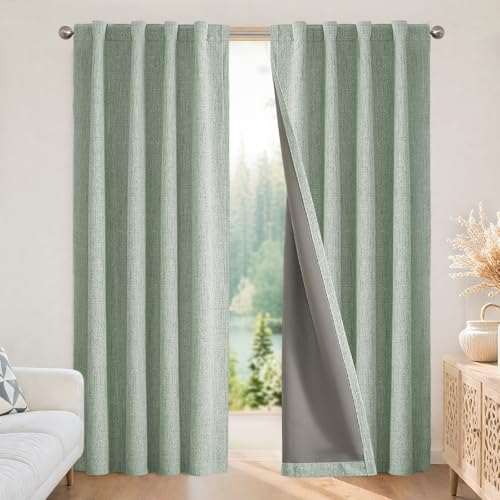 Joydeco 100% Rideau Occultant Vert Sauge 140x220 cm 2 Pièces, Rideaux en Lin Isolant Thermique Anti UV à Pattes Cachées et à Passe Tringle pour Décoration...