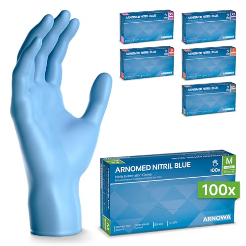 100x ARNOMED® Guantes nitrilo talla M Azul, Guantes desechables quirurgicos y laboratorio, Luvas nitrilo descartaveis sin polvo y látex, Manoplas nitrilo en XS, S, M, L, XL, XXL