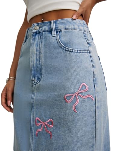 Women's Bow Embroidery Slit Long Denim Skirt3