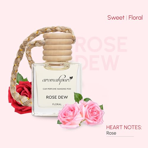 Image of Aromahpure Premium Car Perfume Hanging Pod |10 ML |Bulgarian Rose Car Air Freshener |Natural Fragrance Oils in Glass Bottle with Wooden Diffuser Lid |Last Upto 30 Days Pack of 3, IFRA Certified