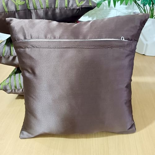 Image of LOFEY Satin Cushion Covers Set of 5 | 16 inch x 16 inch (40x40 cm) MultiFloral Decorative Sofa & Bed Pillow Covers for Living Room & Bedroom Decor (Without Filler) (Brown)
