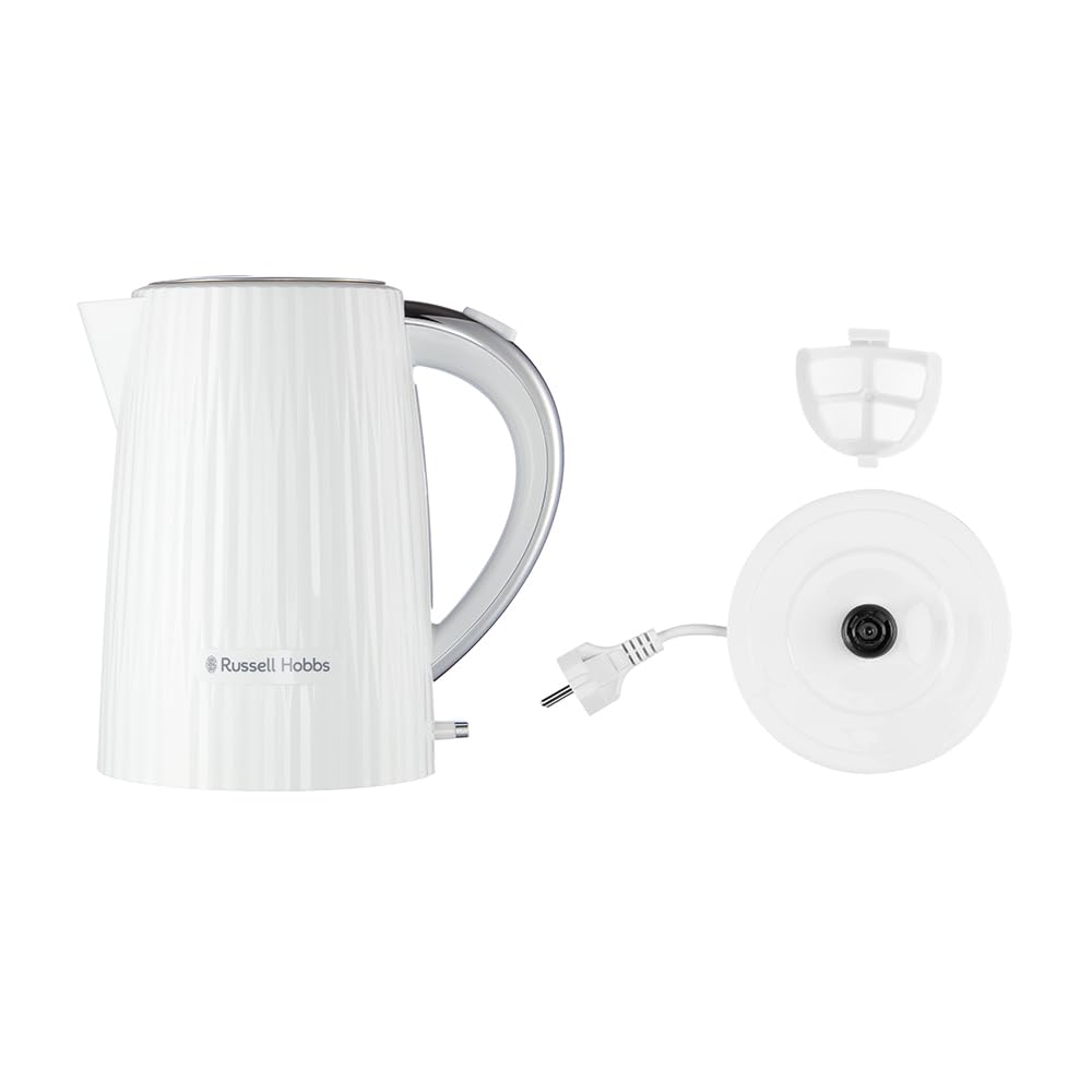 Russell Hobbs Hervidor de Agua Eléctrico, para agua caliente, té o café, 1,7 l, tapa apertura por presión, filtro extraíble y lavable, detalles cromados, blanco, 2400 W, Eden 27360-70