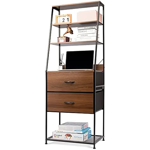 CONNOO Industrial 2 Drawers Bookshelf, 4-Tier Display Ladder Shelf, Rustic Brown Storage Cabinet with Metal Grid Shelf, 64.5" Tall Bookcase Organizer Unit for Office, Dorm, Bedroom, Living Room Cover
