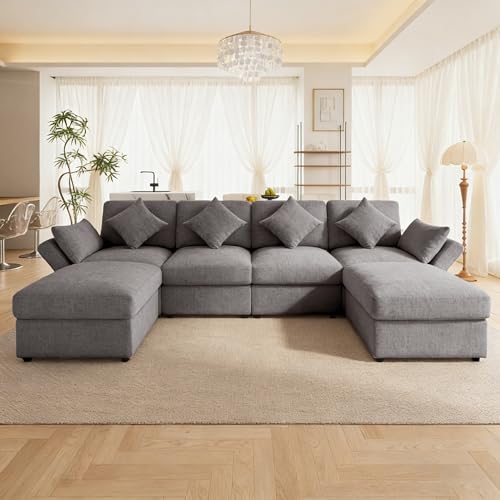 Yihomfy 284 cm canapé d'angle Convertible, canapé modulable en U/L,canape modulable avec 2 poufs...