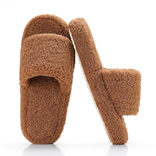 Parlovable Fuzzy Slippers for Women Open Toe Curly Fur Fluffy House Shoes Memory Foam Thick Sole Non-Slip Slides Cozy Sandals Indoor Outdoor